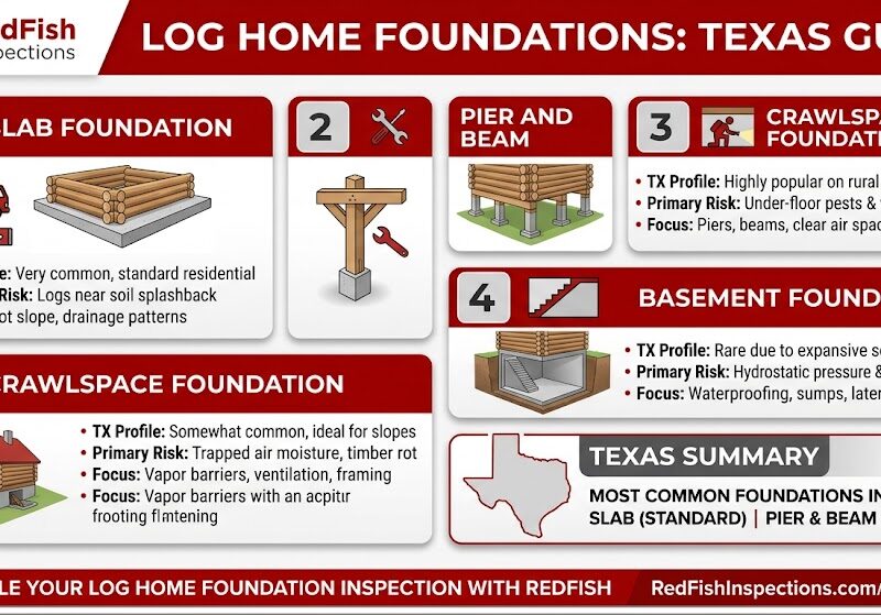 An optimized comparison infographic detailing four different types of log home foundations common in Texas, featuring structural details and inspection focus points.