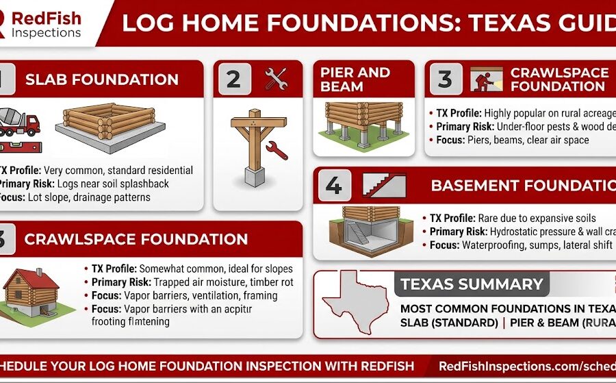 An optimized comparison infographic detailing four different types of log home foundations common in Texas, featuring structural details and inspection focus points.