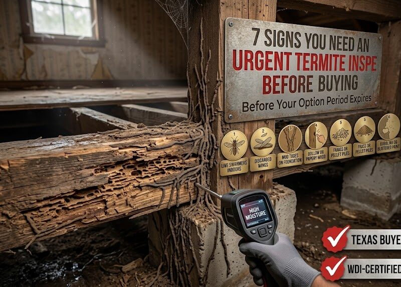 A detailed close-up of a house crawl space showing a gloved hand holding a digital thermal imager pointed at a heavily termite-damaged wooden beam. A large, weathered metal sign on a post displays the text '7 SIGNS YOU NEED AN URGENT TERMITE INSPE BEFORE BUYING,' and 'Before Your Option Period Expires.' Below the sign are seven small, round gold badges, each illustrating a sign of termites, including: 1. LIVE SWARMERS INDOORS, 2. DISCARDED WINGS, 3. MUD TUBES ON FOUNDATION, 4. HOLLOW OR PAPERY WOOD, 5. FRASS OR PELLET PILES, 6. BUBBLING OR BLISTERED PAINT, and 7. TIGHT DOORS & WINDOWS. Two red circular badges at the bottom right indicate 'TEXAS BUYER GUIDE' and 'WDI-CERTIFIED REPORT.' Sunlight streams from a distant window onto the scene, revealing dust motes.