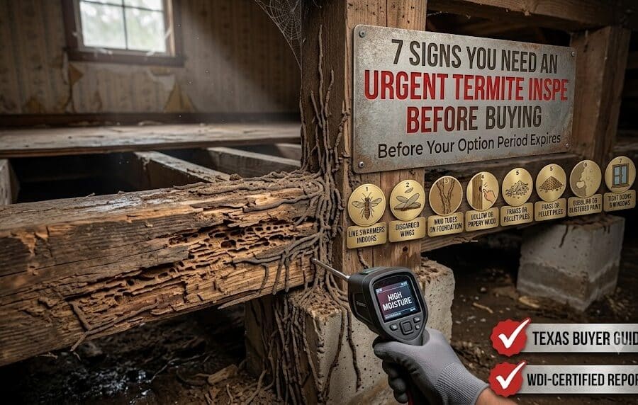 A detailed close-up of a house crawl space showing a gloved hand holding a digital thermal imager pointed at a heavily termite-damaged wooden beam. A large, weathered metal sign on a post displays the text '7 SIGNS YOU NEED AN URGENT TERMITE INSPE BEFORE BUYING,' and 'Before Your Option Period Expires.' Below the sign are seven small, round gold badges, each illustrating a sign of termites, including: 1. LIVE SWARMERS INDOORS, 2. DISCARDED WINGS, 3. MUD TUBES ON FOUNDATION, 4. HOLLOW OR PAPERY WOOD, 5. FRASS OR PELLET PILES, 6. BUBBLING OR BLISTERED PAINT, and 7. TIGHT DOORS & WINDOWS. Two red circular badges at the bottom right indicate 'TEXAS BUYER GUIDE' and 'WDI-CERTIFIED REPORT.' Sunlight streams from a distant window onto the scene, revealing dust motes.