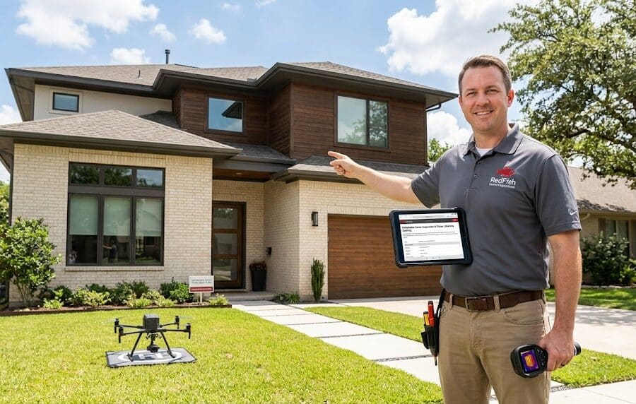 Professional home inspector using high-tech equipment for a comprehensive home inspection on a Texas residence.
