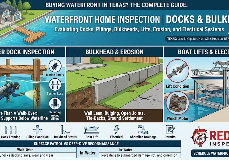 An informative infographic titled "Waterfront Home Inspection | Docks & Bulkheads" by RedFish Inspections, guiding buyers in Texas. The top features an illustration of a lake home with a dock. The center is divided into three illustrated columns: 1. "In-Water Dock Inspection" showing a scuba diver checking pilings for marine borers and scouring. 2. "Bulkhead & Erosion" showing ground settlement and wall lean. 3. "Boat Lifts & Electrical" showing a boat on a lift, a frayed cable, a winch motor, and electrical components. The bottom includes inspection icons and a "Surface Patrol vs Deep-Dive Reconnaissance" comparison table between a basic walk-over and a detailed in-water inspection.