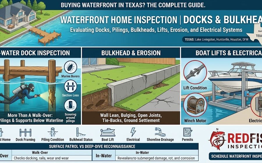An informative infographic titled "Waterfront Home Inspection | Docks & Bulkheads" by RedFish Inspections, guiding buyers in Texas. The top features an illustration of a lake home with a dock. The center is divided into three illustrated columns: 1. "In-Water Dock Inspection" showing a scuba diver checking pilings for marine borers and scouring. 2. "Bulkhead & Erosion" showing ground settlement and wall lean. 3. "Boat Lifts & Electrical" showing a boat on a lift, a frayed cable, a winch motor, and electrical components. The bottom includes inspection icons and a "Surface Patrol vs Deep-Dive Reconnaissance" comparison table between a basic walk-over and a detailed in-water inspection.