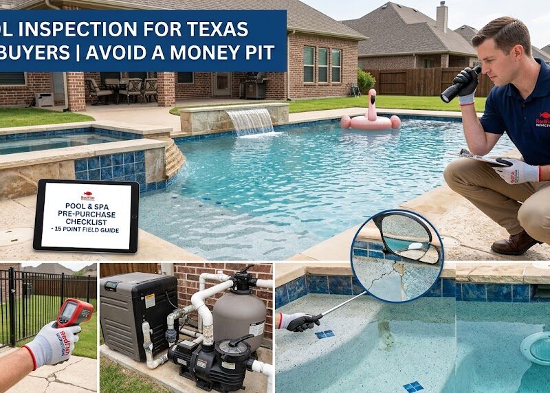 A multi-panel featured image for a Texas pool inspection blog post. The main graphic shows a professional RedFish Inspections inspector checking a backyard pool and spa with a flashlight and clipboard. Insets display close-ups of a pool safety gate test, a mechanical pump and heater pad, an underwater inspection highlighting a plaster crack, and a pool light fixture.