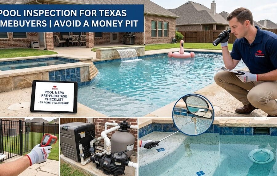 A multi-panel featured image for a Texas pool inspection blog post. The main graphic shows a professional RedFish Inspections inspector checking a backyard pool and spa with a flashlight and clipboard. Insets display close-ups of a pool safety gate test, a mechanical pump and heater pad, an underwater inspection highlighting a plaster crack, and a pool light fixture.
