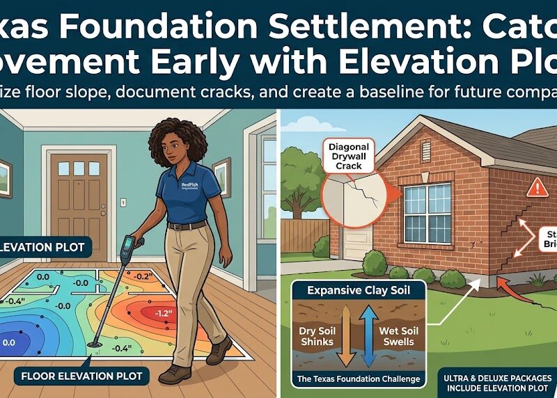 An educational infographic split into two panels detailing Texas foundation settlement. The left panel shows a home inspector mapping a colorful, heat-mapped floor elevation plot inside a living room. The right panel displays the exterior of a brick home highlighted with magnifying glasses showing a diagonal drywall crack and a stair-step brick crack, alongside a diagram explaining how expansive clay soil shrinks when dry and swells when wet.