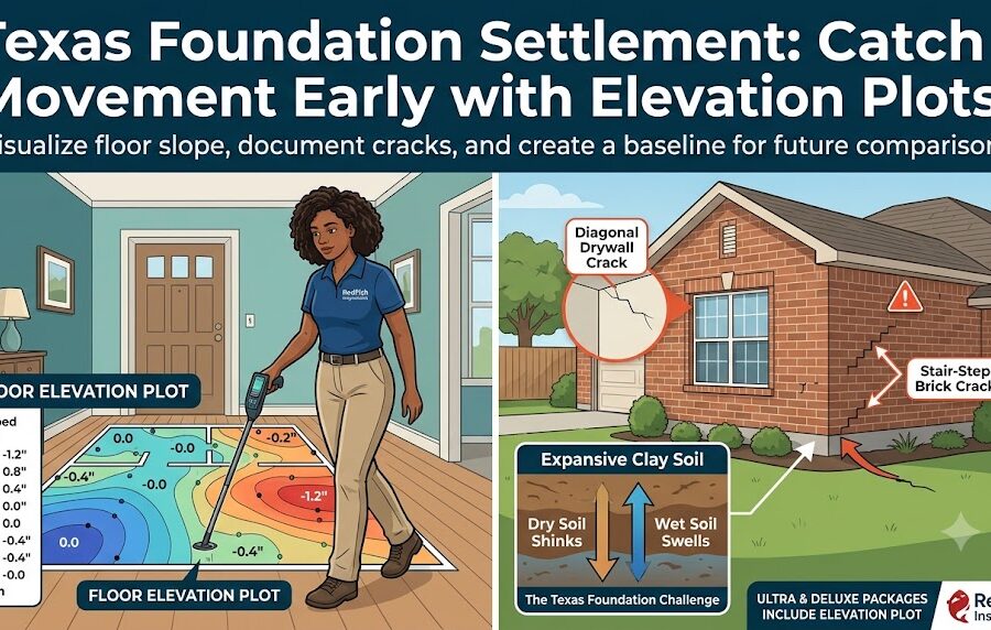 An educational infographic split into two panels detailing Texas foundation settlement. The left panel shows a home inspector mapping a colorful, heat-mapped floor elevation plot inside a living room. The right panel displays the exterior of a brick home highlighted with magnifying glasses showing a diagonal drywall crack and a stair-step brick crack, alongside a diagram explaining how expansive clay soil shrinks when dry and swells when wet.