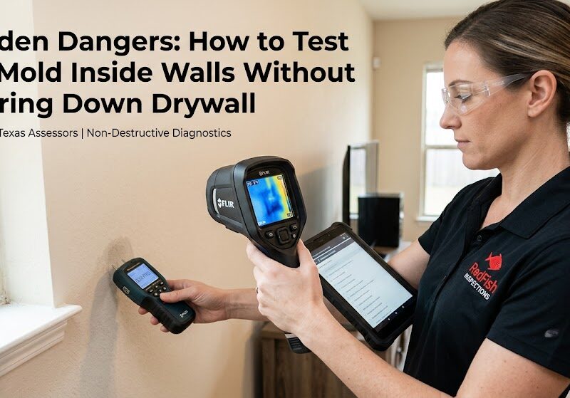 RedFish Inspections professional using a FLIR thermal imaging camera and moisture meter to inspect a residential drywall for hidden mold and moisture leaks.