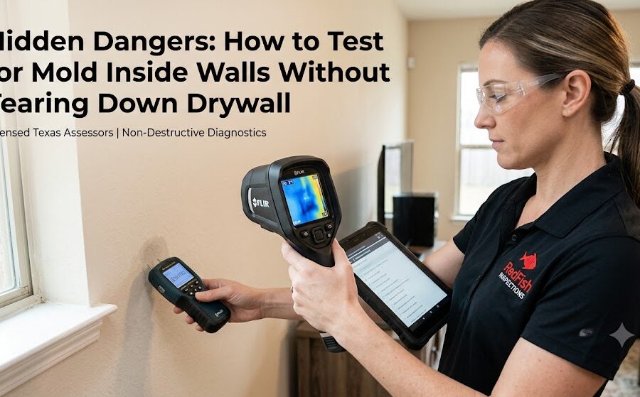 RedFish Inspections professional using a FLIR thermal imaging camera and moisture meter to inspect a residential drywall for hidden mold and moisture leaks.