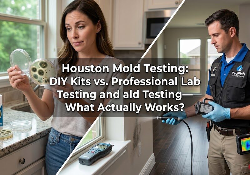 A split-screen comparison image featuring a title overlay that reads, "Houston Mold Testing: DIY Kits vs. Professional Lab Testing—What Actually Works?". On the left, a woman in a kitchen looks at a fuzzy mold growth in a Petri dish, next to a "PRO-LAB" test kit box and loose dishes. On the right, a male RedFish Inspections technician in a uniform vest holds advanced diagnostic equipment, including a moisture meter and a thermal camera, next to a patch of visible mold on a wall.