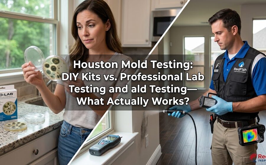 A split-screen comparison image featuring a title overlay that reads, "Houston Mold Testing: DIY Kits vs. Professional Lab Testing—What Actually Works?". On the left, a woman in a kitchen looks at a fuzzy mold growth in a Petri dish, next to a "PRO-LAB" test kit box and loose dishes. On the right, a male RedFish Inspections technician in a uniform vest holds advanced diagnostic equipment, including a moisture meter and a thermal camera, next to a patch of visible mold on a wall.