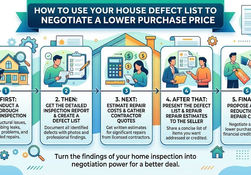 An infographic titled "How to Use Your House Defect List to Negotiate a Lower Purchase Price," displaying a step-by-step 5-stage process with colorful icons and brief text descriptions, guiding buyers through home inspection to final negotiation.