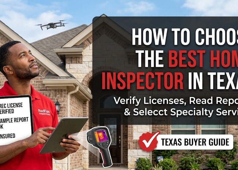 A RedFish Inspections home inspector in Texas verifies license status and reviews a digital sample report on a tablet in front of a modern brick home. An inspection drone and thermal imaging camera are active, illustrating high-tech diagnostic tools for property buyers.