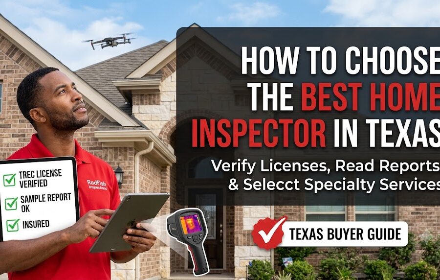 A RedFish Inspections home inspector in Texas verifies license status and reviews a digital sample report on a tablet in front of a modern brick home. An inspection drone and thermal imaging camera are active, illustrating high-tech diagnostic tools for property buyers.