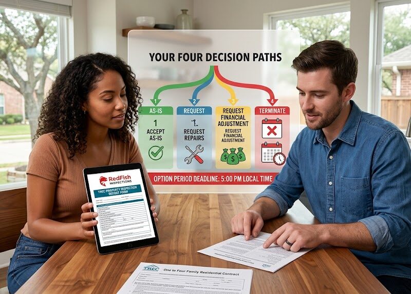 A man and woman review a "One to Four Family Residential Contract" at a table. Above them, an infographic titled "YOUR FOUR DECISION PATHS" presents options after a home inspection. A woman holds a tablet with a "RedFish Inspections" form. Four paths are detailed: AS-IS: Accept As-Is. Icon: a check mark above a green house. REQUEST: Request Repairs. Icon: a wrench and screwdriver crossed behind a hammer. REQUEST FINANCIAL ADJUSTMENT: Request Financial Adjustment. Icon: Two hands holding a house and money bags. TERMINATE: Terminate. Icon: A calendar with a clock.