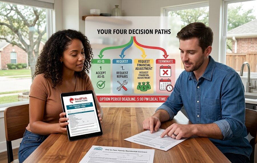 A man and woman review a "One to Four Family Residential Contract" at a table. Above them, an infographic titled "YOUR FOUR DECISION PATHS" presents options after a home inspection. A woman holds a tablet with a "RedFish Inspections" form. Four paths are detailed: AS-IS: Accept As-Is. Icon: a check mark above a green house. REQUEST: Request Repairs. Icon: a wrench and screwdriver crossed behind a hammer. REQUEST FINANCIAL ADJUSTMENT: Request Financial Adjustment. Icon: Two hands holding a house and money bags. TERMINATE: Terminate. Icon: A calendar with a clock.