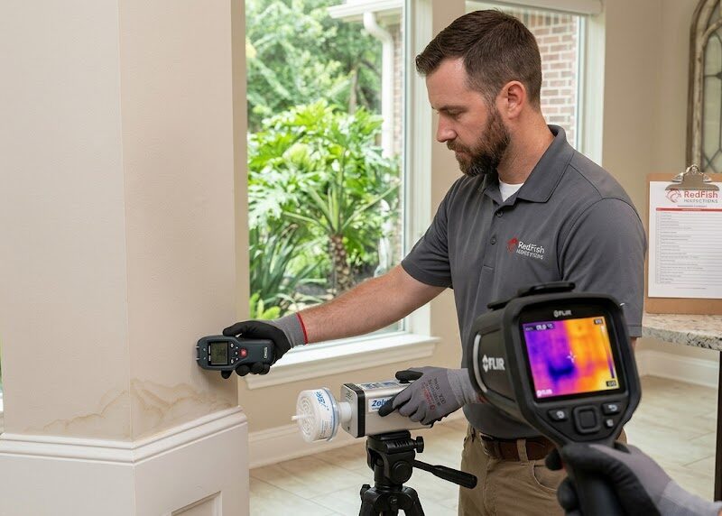A professional mold inspector in a 'RedFish Inspections' shirt uses a moisture meter and a thermal imaging camera to test a stained interior wall in a Houston or San Antonio home. The image includes professional air sampling equipment on a tripod and an accredited lab analysis clipboard and laptop in the background.