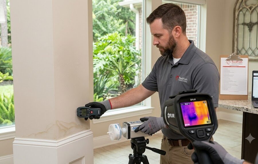 A professional mold inspector in a 'RedFish Inspections' shirt uses a moisture meter and a thermal imaging camera to test a stained interior wall in a Houston or San Antonio home. The image includes professional air sampling equipment on a tripod and an accredited lab analysis clipboard and laptop in the background.