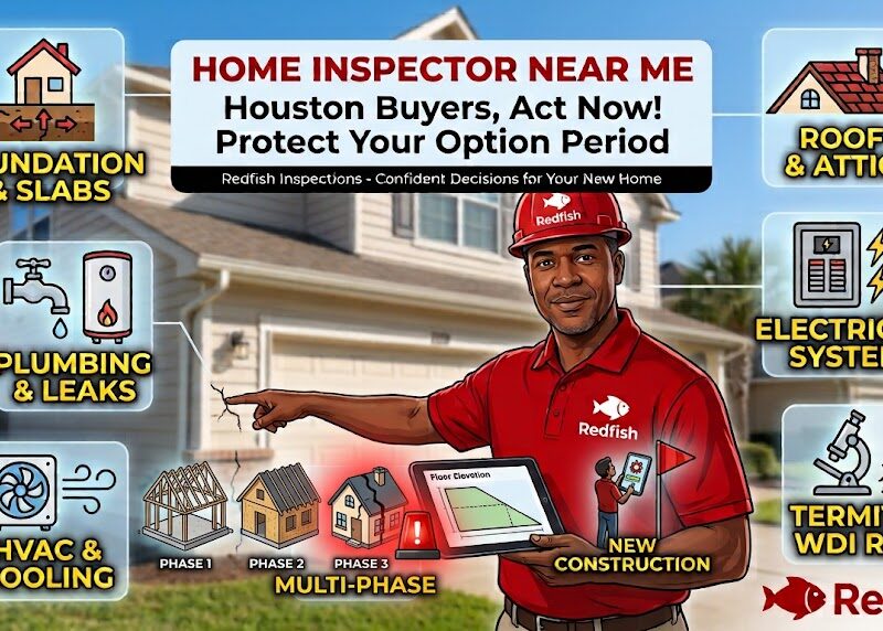 Houston home inspector checking exterior drainage near a slab foundation RedFish inspector reviewing attic conditions during a Houston home inspection Home inspector near me in Houston checking roof and exterior components Houston home inspection report with photos and clear findings