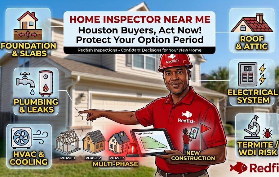 Houston home inspector checking exterior drainage near a slab foundation RedFish inspector reviewing attic conditions during a Houston home inspection Home inspector near me in Houston checking roof and exterior components Houston home inspection report with photos and clear findings