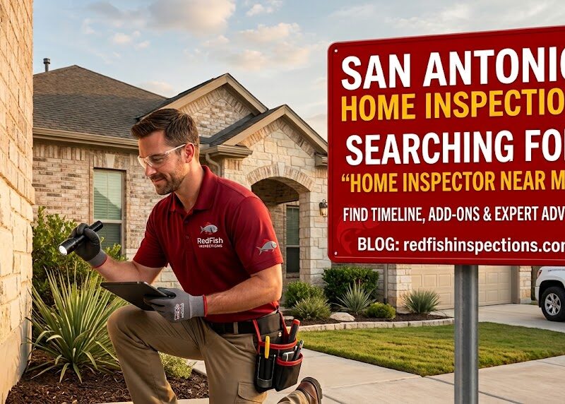 San Antonio home inspector checking exterior drainage near a slab foundation