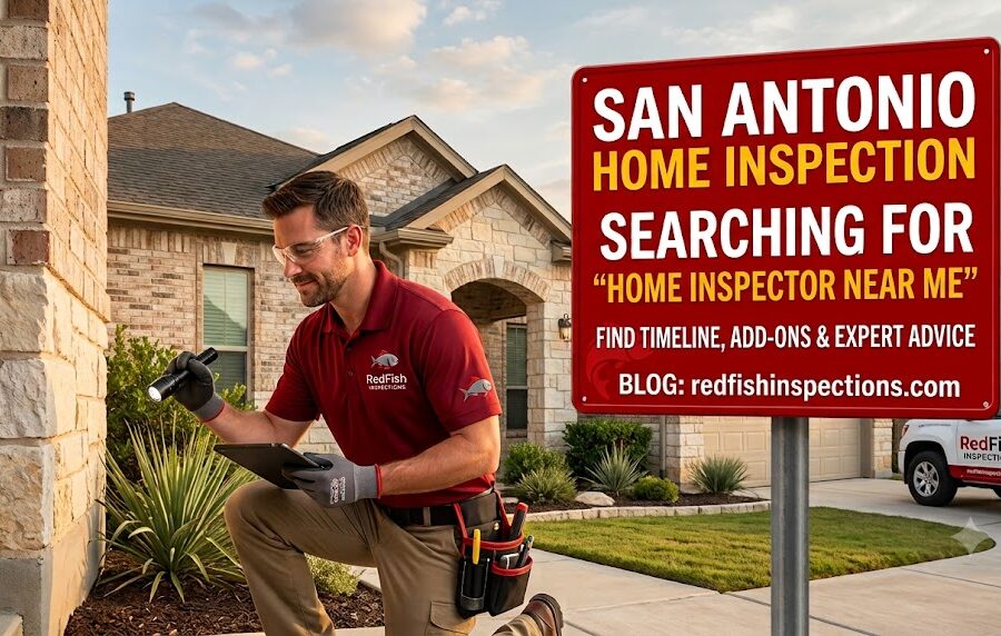 San Antonio home inspector checking exterior drainage near a slab foundation