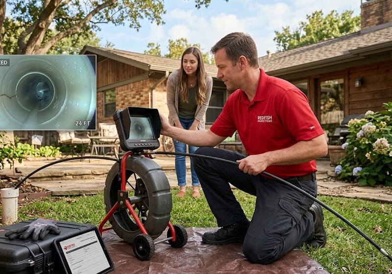 Sewer scope inspection camera used during a Dallas home inspection