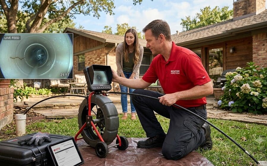 Sewer scope inspection camera used during a Dallas home inspection