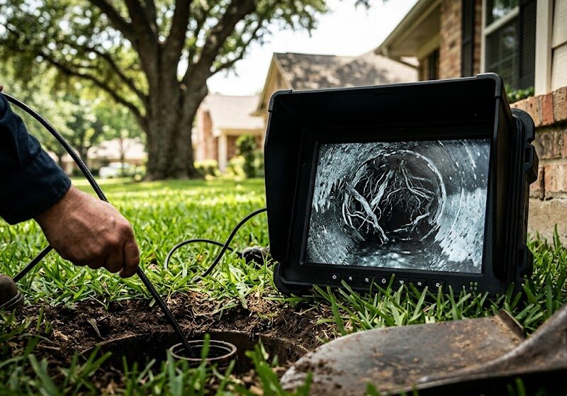 A technician feeding a specialized sewer inspection camera cable into an in-ground cleanout pipe on a green lawn, next to a portable monitor displaying an internal view of a pipe clogged with tree roots.