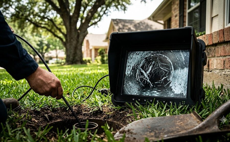 A technician feeding a specialized sewer inspection camera cable into an in-ground cleanout pipe on a green lawn, next to a portable monitor displaying an internal view of a pipe clogged with tree roots.