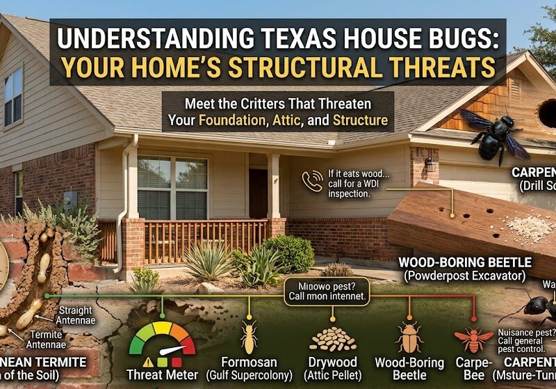 An illustrated infographic showing six types of insects that can damage wood in Texas homes.