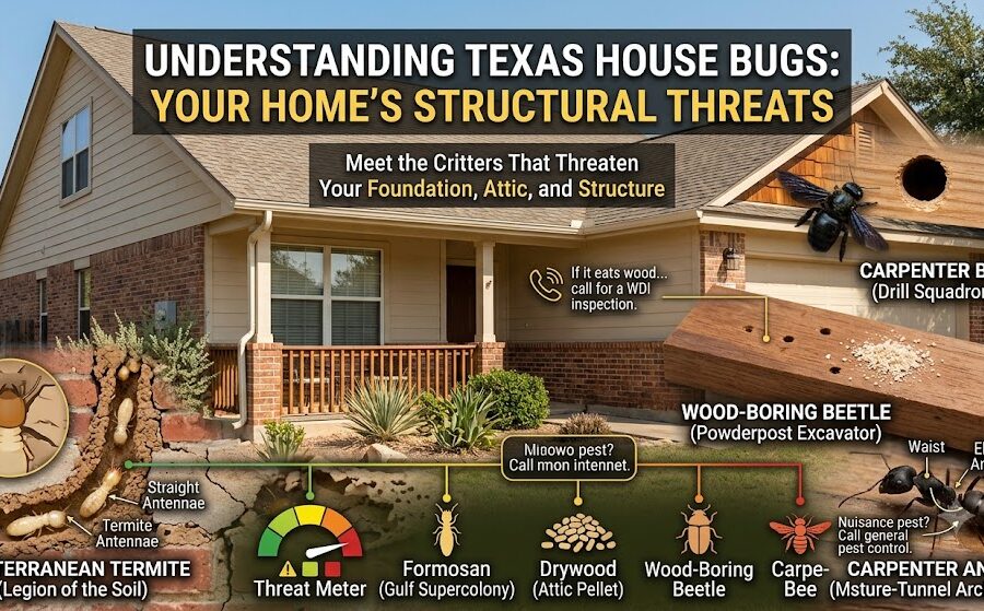 An illustrated infographic showing six types of insects that can damage wood in Texas homes.