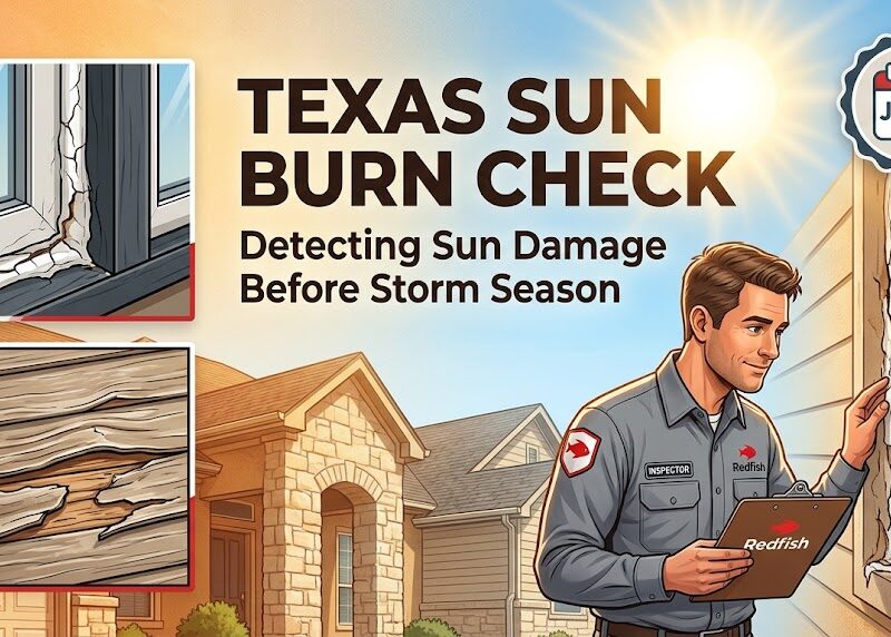 A home inspector examines a sun-damaged house with cracked siding and peeling caulk under a harsh July sun.