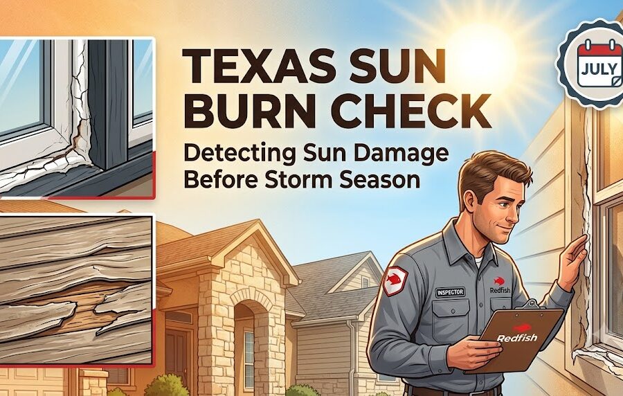 A home inspector examines a sun-damaged house with cracked siding and peeling caulk under a harsh July sun.