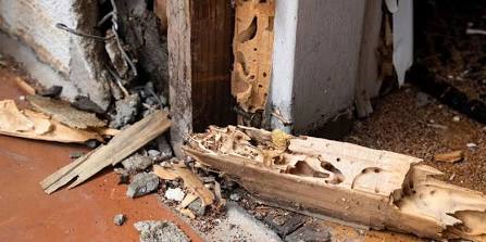 Severe wood-destroying insect damage and tunneling uncovered along a home foundation structural wall during a WDIR inspection.