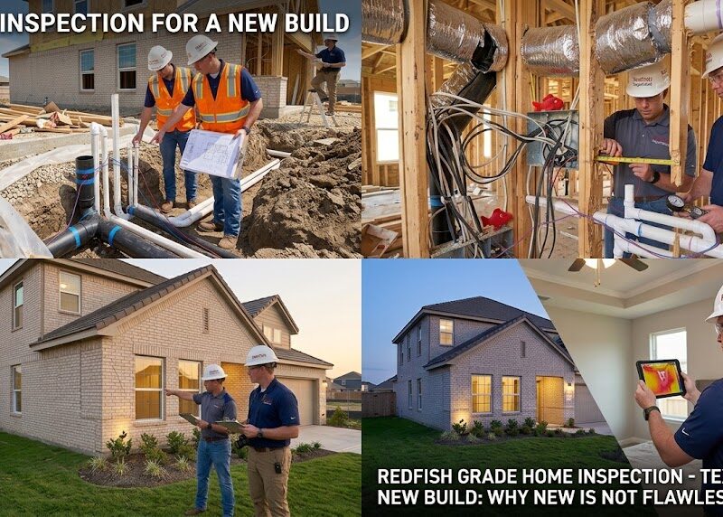 A chronological four-panel photo series demonstrating RedFish Inspections conducting phase and warranty reviews of a new-build Texas home. Clockwise from top-left: A RedFish inspector points out plumbing line placements in a foundational soil trench. Inspectors probe the electrical, plumbing, and structural rough-ins inside unfinished wall framing. Inspectors evaluate the exterior facade and foundation grading on the finished property. An 11-month warranty check uses a thermal camera in the occupied home.