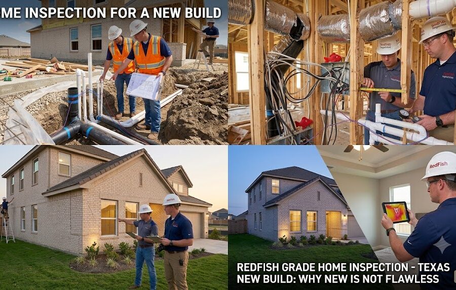 A chronological four-panel photo series demonstrating RedFish Inspections conducting phase and warranty reviews of a new-build Texas home. Clockwise from top-left: A RedFish inspector points out plumbing line placements in a foundational soil trench. Inspectors probe the electrical, plumbing, and structural rough-ins inside unfinished wall framing. Inspectors evaluate the exterior facade and foundation grading on the finished property. An 11-month warranty check uses a thermal camera in the occupied home.