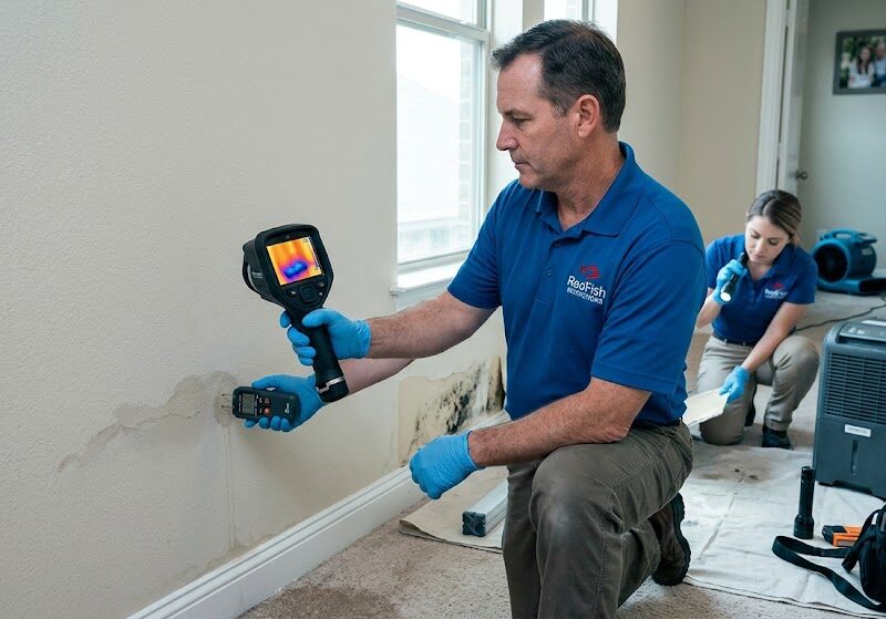 Professional mold inspection after water damage using thermal imaging, a moisture meter, and detailed inspection.