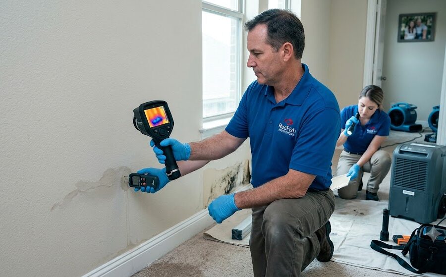 Professional mold inspection after water damage using thermal imaging, a moisture meter, and detailed inspection.
