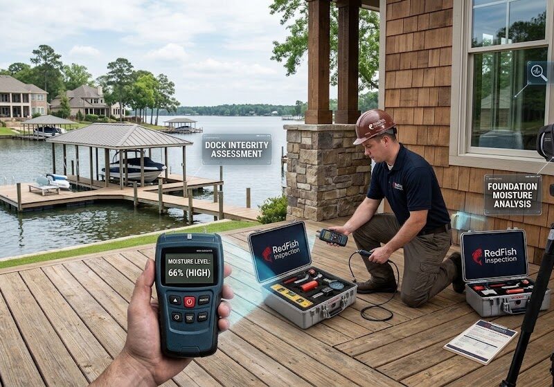 A composite image shows a hand holding a moisture meter in the foreground with a digital screen reading "MOISTURE LEVEL: 66% (HIGH)." The background is a detailed scene of a home inspection on a lakefront deck. An inspector kneels next to open equipment cases with a RedFish Inspection logo, using another device. A large tripod-mounted thermal camera is set up. Text overlays label "DOCK INTEGRITY ASSESSMENT" near the water and a boat dock, "FOUNDATION MOISTURE ANALYSIS" on the house, and "HIGH HUMIDITY INDICATORS" near a window. Multi-story homes are visible along the distant lake shore under a cloudy sky.