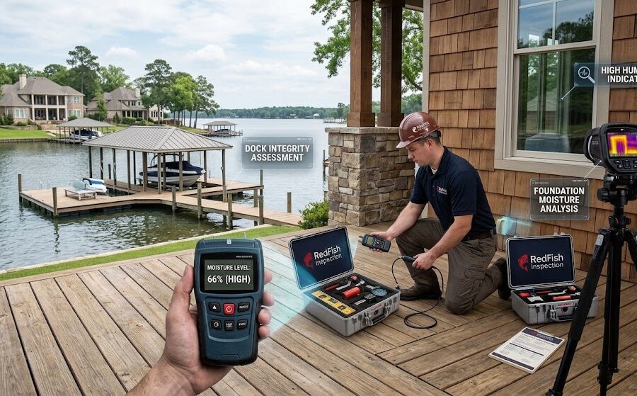 A composite image shows a hand holding a moisture meter in the foreground with a digital screen reading "MOISTURE LEVEL: 66% (HIGH)." The background is a detailed scene of a home inspection on a lakefront deck. An inspector kneels next to open equipment cases with a RedFish Inspection logo, using another device. A large tripod-mounted thermal camera is set up. Text overlays label "DOCK INTEGRITY ASSESSMENT" near the water and a boat dock, "FOUNDATION MOISTURE ANALYSIS" on the house, and "HIGH HUMIDITY INDICATORS" near a window. Multi-story homes are visible along the distant lake shore under a cloudy sky.