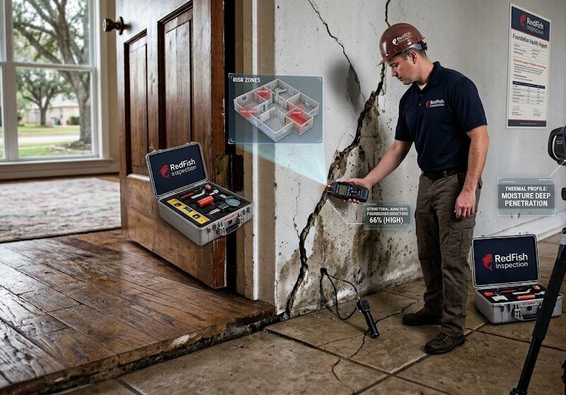 Redfish Inspections inspector using advanced diagnostic equipment to check indoor wall cracks and foundation damage in a Conroe home.