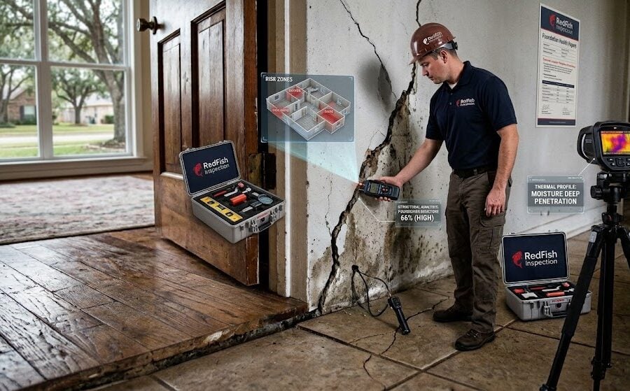 Redfish Inspections inspector using advanced diagnostic equipment to check indoor wall cracks and foundation damage in a Conroe home.