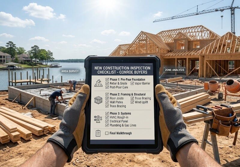 A point-of-view shot of a inspector holding a digital tablet displaying a new construction inspection checklist at an active home build site near Lake Conroe.