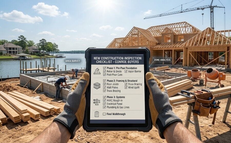 A point-of-view shot of a inspector holding a digital tablet displaying a new construction inspection checklist at an active home build site near Lake Conroe.