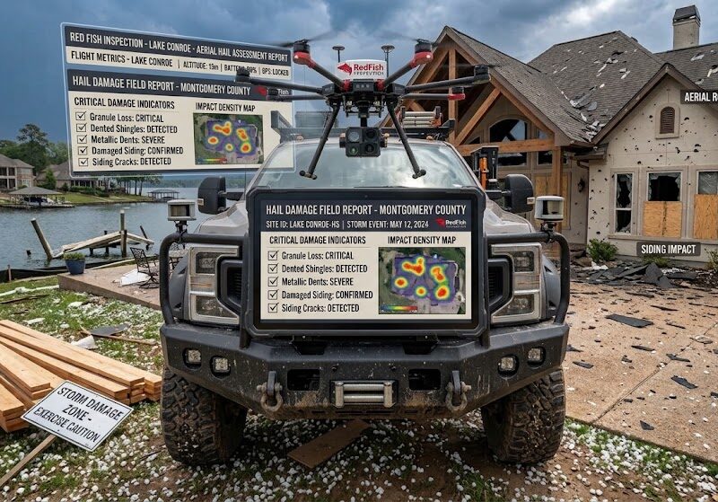 Red Fish Inspection field setup for severe hail damage assessment in Montgomery County, featuring a drone and digital data reports next to a damaged lakeside home.