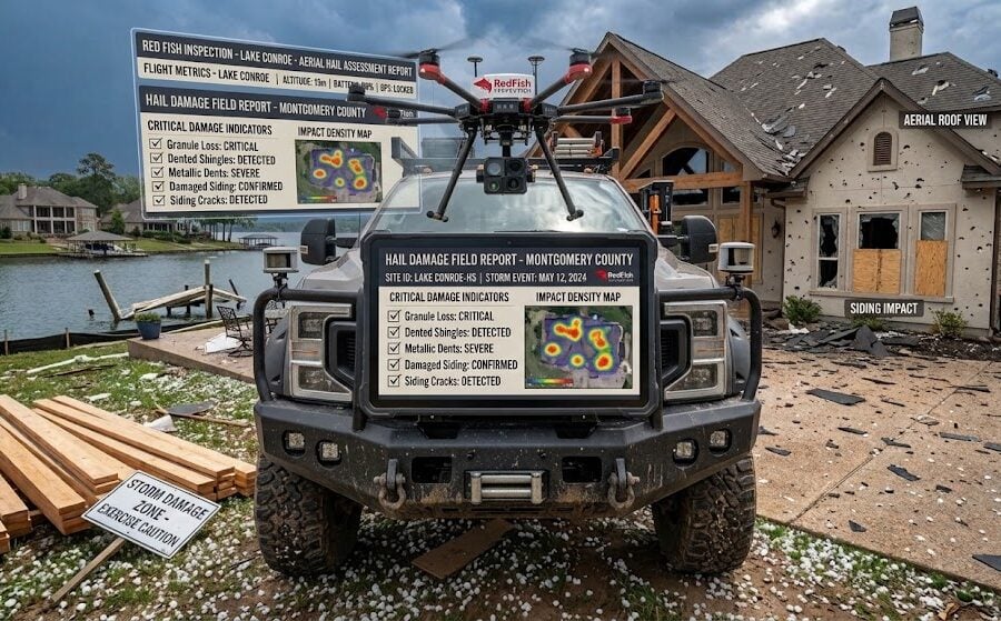 Red Fish Inspection field setup for severe hail damage assessment in Montgomery County, featuring a drone and digital data reports next to a damaged lakeside home.