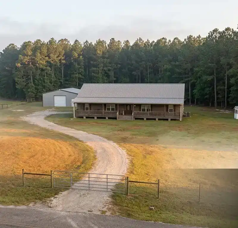 Rural home on acreage near New Waverly, Texas with gravel drive, barn, and pine treeline