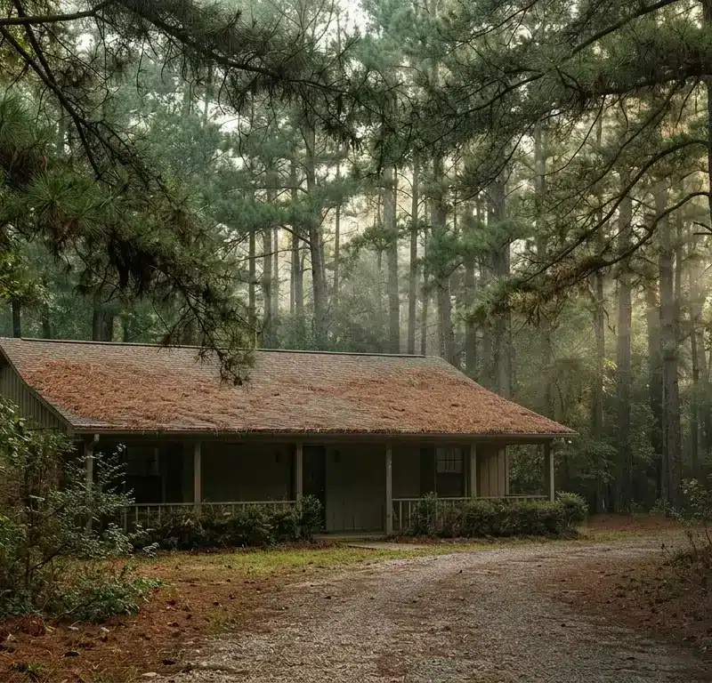 Home surrounded by tall pines in the East Texas Piney Woods near Sam Houston National Forest