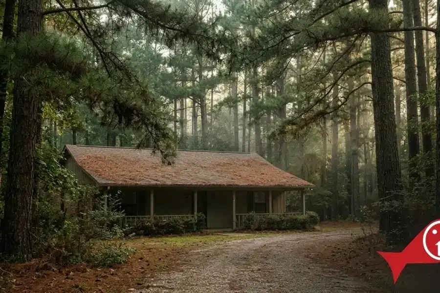 Home surrounded by tall pines in the East Texas Piney Woods near Sam Houston National Forest